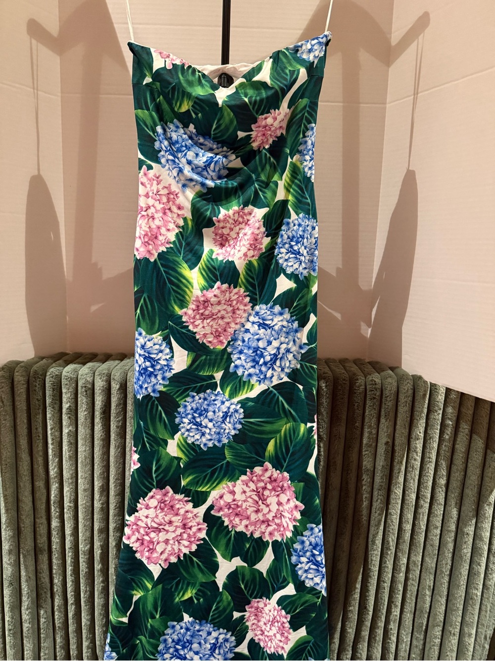 Women’s Floral Strapless Swim Dress in Green with Pink & Blue Hydrangeas